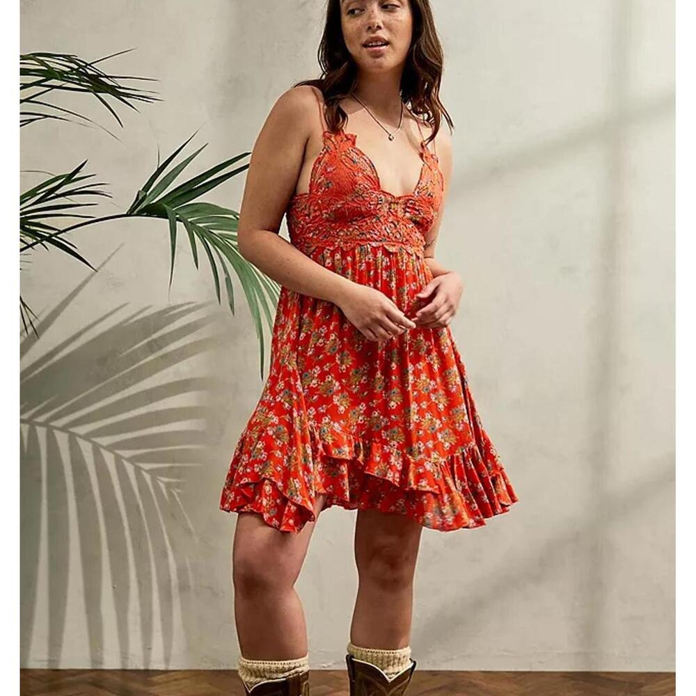 Free People One Red Meadow Adella Floral Sleeveless Slip Mini Dress MEDIUM‎